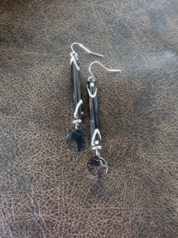 Carved bone and silver Africa  earrings