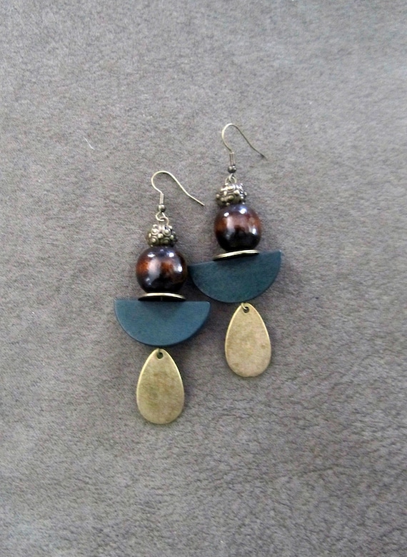 Green wooden ethnic dangle earrings