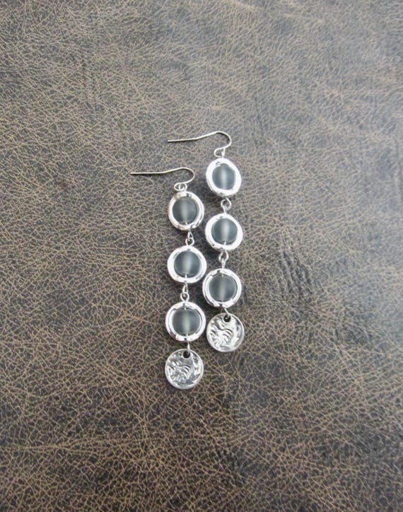 Long Gray Frosted Glass Earrings, Silver Bohemian Dangles