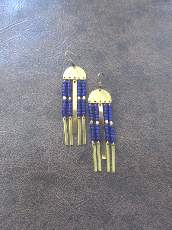 Blue seed bead and brass earrings
