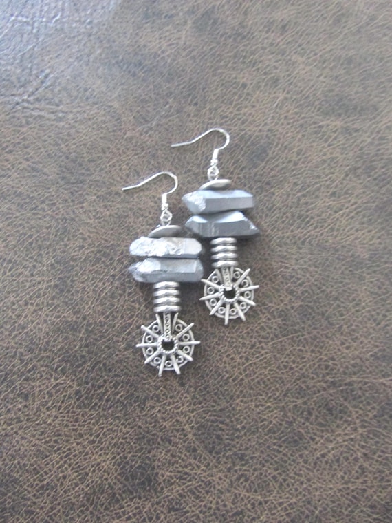 Raw quartz crystal earrings, silver
