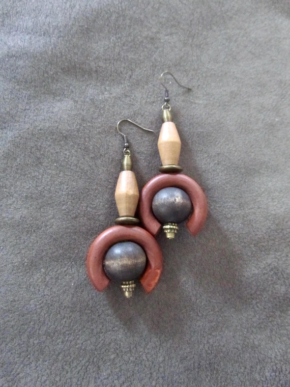 Long modern earrings, chunky wooden earrings