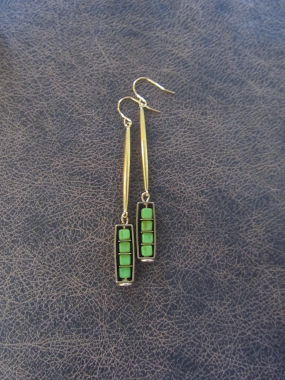 Simple green stone and brass earrings