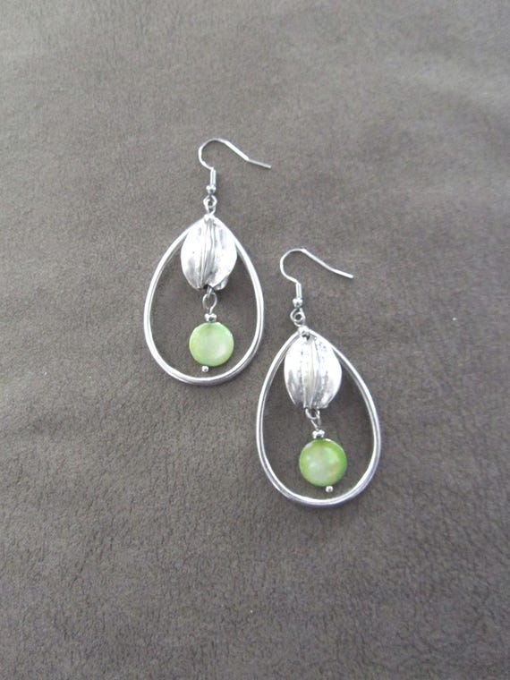 Silver and green mother of pearl shell teardrop hoop earrings