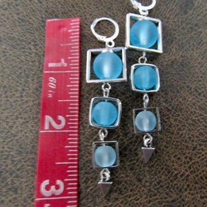 Long blue frosted glass and silver square earrings image 2