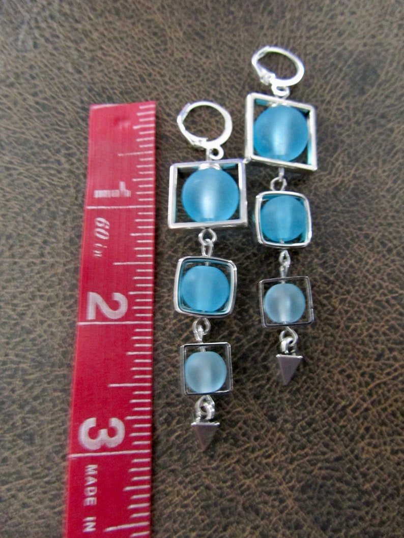 Long blue frosted glass and silver square earrings image 2