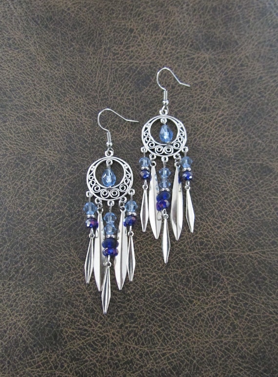 Blue and silver chandelier earrings, gypsy crystal dangle earrings