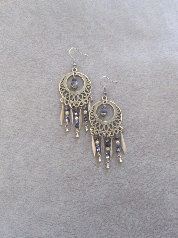Crystal chandelier earrings, black and bronze earrings