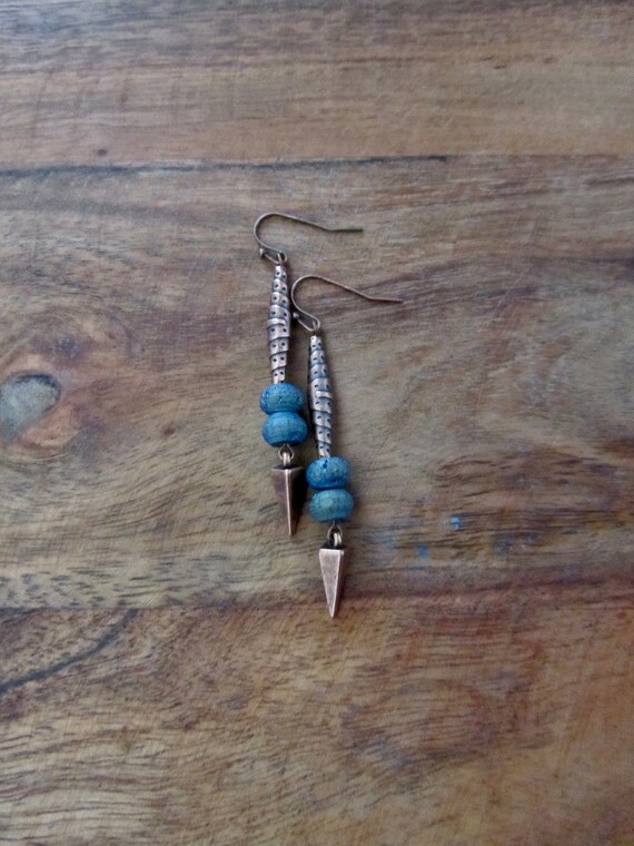 Industrial earrings, teal druzy agate earrings, mid century modern earrings, copper