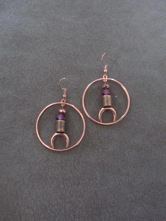 Purple crystal and copper hoop earrings
