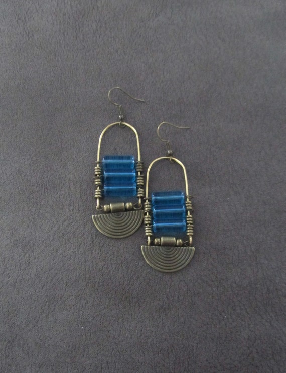 Bronze and glass earrings, blue