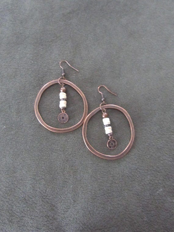 Copper asian coin hoop earrings