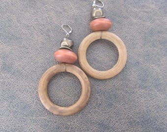 Large round stained wooden statement earrings