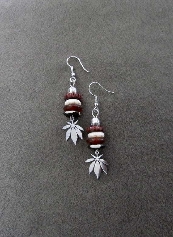 Hemp leaf marijuana cannabis and stacked horn earrings
