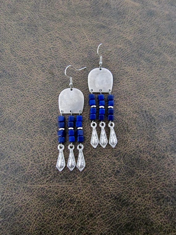 Blue seed bead and antique silver earrings