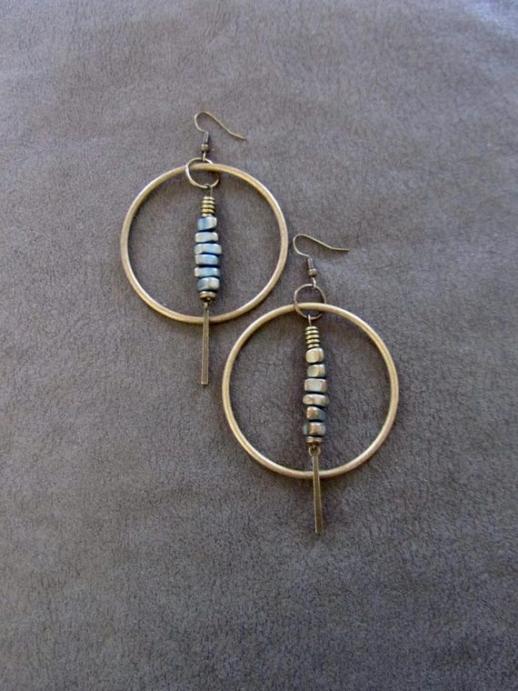 Bronze hoop and teal nugget earrings