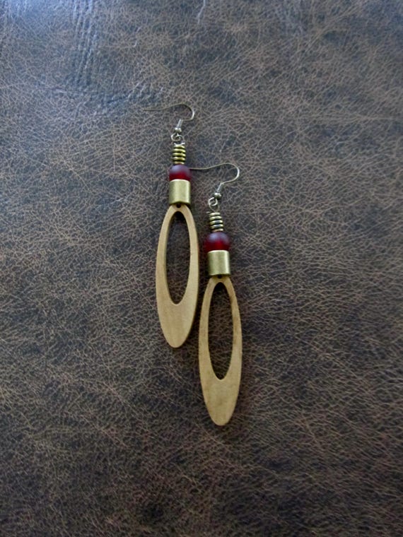 Long wood earrings, bold statement earrings, Afrocentric African earrings, geometric earrings, rustic natural earrings, bohemian, red