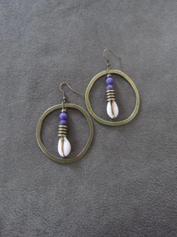 Stone and cowrie shell hoop earrings
