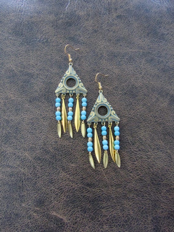 Gold and blue patina chandelier earrings