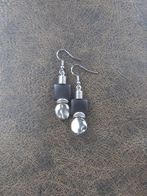 Silver and black frosted glass earrings