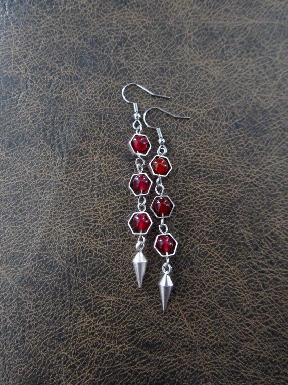 Silver and red agate geometric hexagon earrings