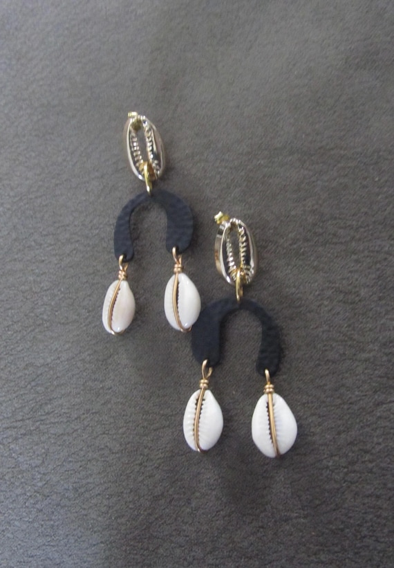 Unique black cowrie shell earrings