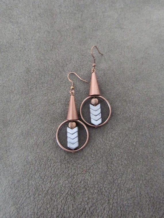 Copper and silver geometric industrial earrings
