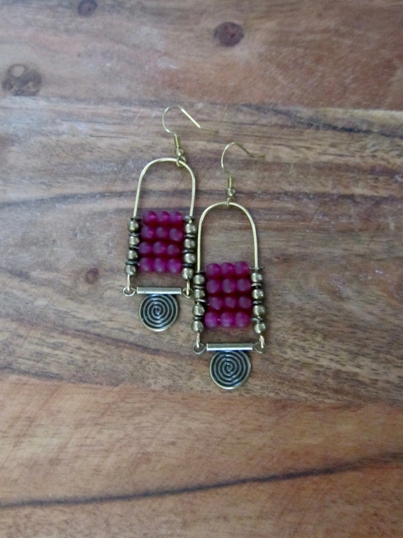 Pink frosted glass and bronze chandelier earrings
