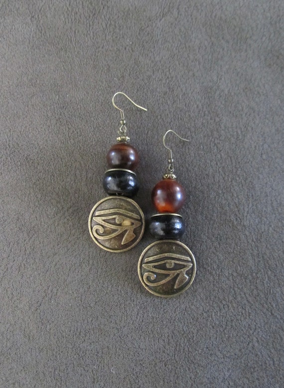Egyptian African earrings, bold statement earrings, ethnic tribal earrings, black wood, Afrocentric eye of Ra earrings, mythology