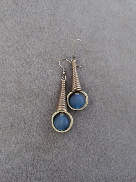 Mid century modern earrings navy blue frosted glass and bronze earrings