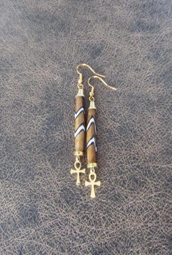 Brown batik print bone and brass ankh earrings
