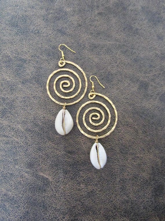 Cowrie shell earrings, Brutalist earrings, gold African earrings, mid century modern earrings, unique earrings, Afrocentric earrings