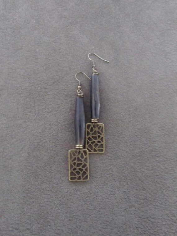 Ethnic hair pipe bone and bronze earrings, black
