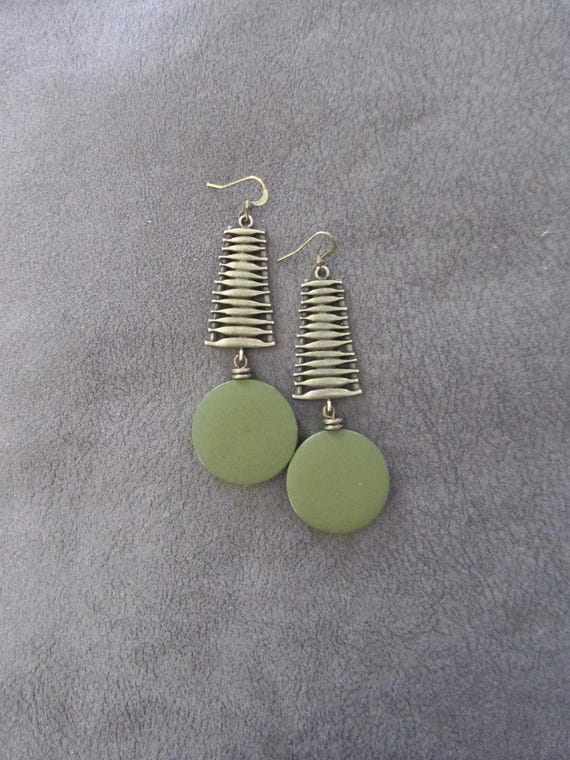 Mid Century Modern Khaki Wood Bronze Dangle African Earrings, Afrocentric Statement Jewelry