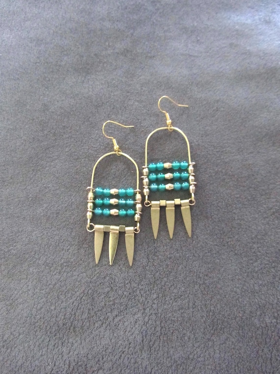 Green stone and brass ethnic statement earrings