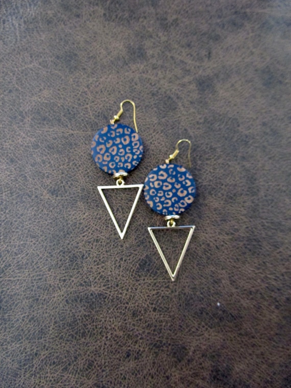 Blue leopard print wooden earrings, gold