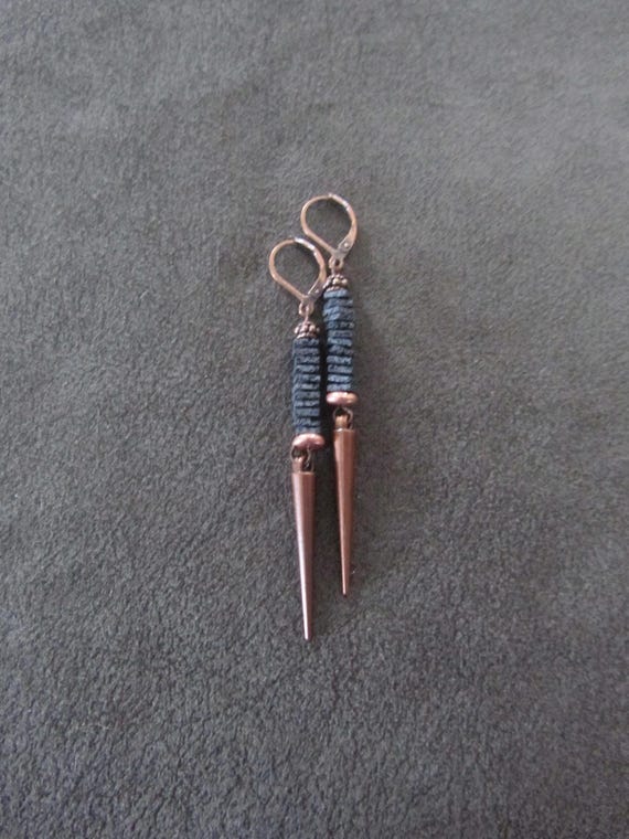 Gray lava rock and copper spike earrings