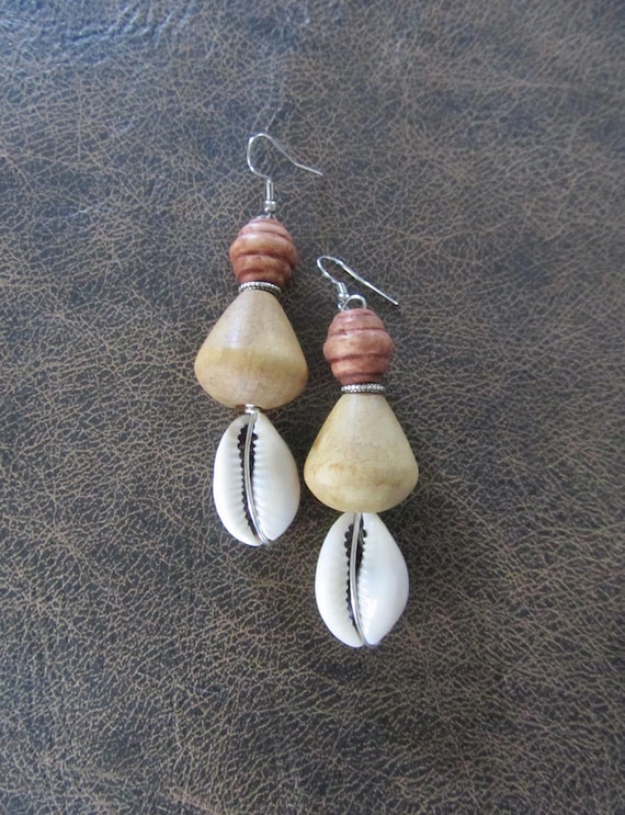 Chunky wood and cowrie shell earrings
