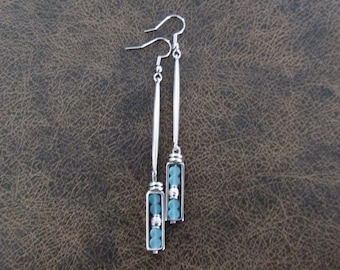 Long sea glass earrings, bohemian earrings, beach earrings, bold earrings, boho earrings, blue dangle earrings, geometric earrings, artisan