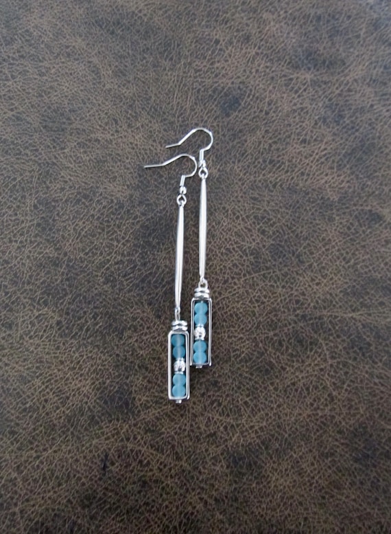 Long sea glass earrings, bohemian earrings, beach earrings, bold earrings, boho earrings, blue dangle earrings, geometric earrings, artisan