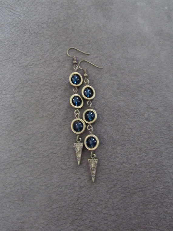 Blue glass earrings, geometric earrings, artisan bronze