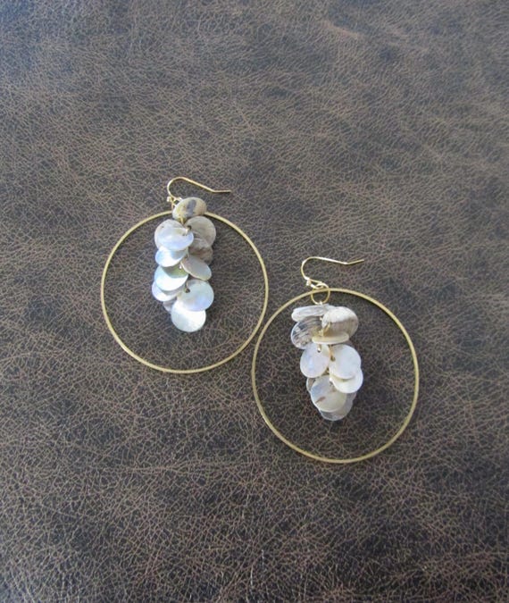 Large brass and mother of pearl shell hoop earrings