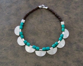 Ethnic green magnesite and silver statement necklace,