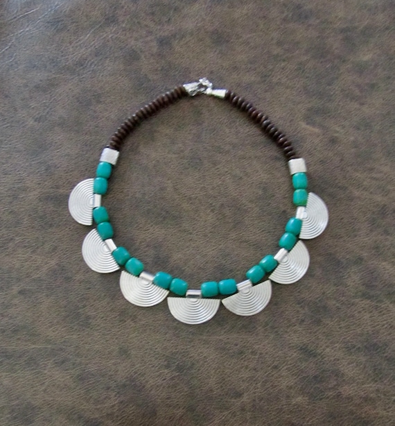 Ethnic green magnesite and silver statement necklace,