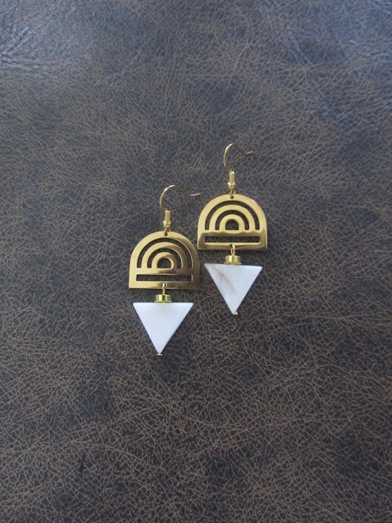 White mother of pearl shell mid century modern earrings