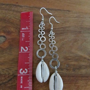 Long cowrie shell earrings, unique modern dangle earrings, Afrocentric earrings, African earrings, statement bold earrings, hammered silver image 3