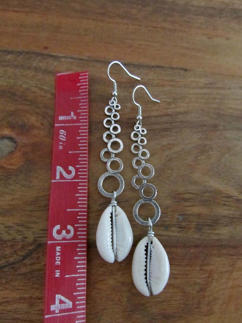 Long cowrie shell earrings, unique modern dangle earrings, Afrocentric earrings, African earrings, statement bold earrings, hammered silver image 3