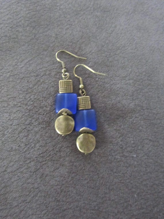 Royal blue frosted glass and bronze earrings