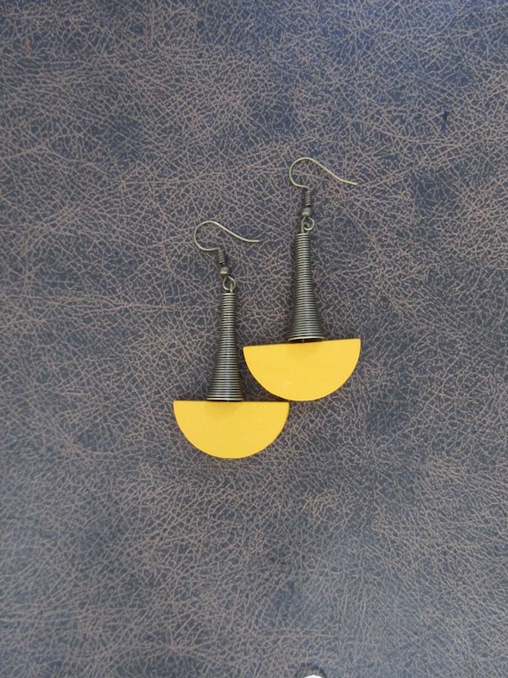 Yellow wood and bronze Afrocentric dangle earrings, mid century modern earrings, African earrings, bold statement, unique