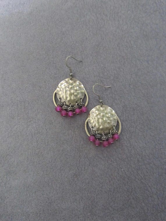 Pink frosted glass and hammered bronze chandelier earrings